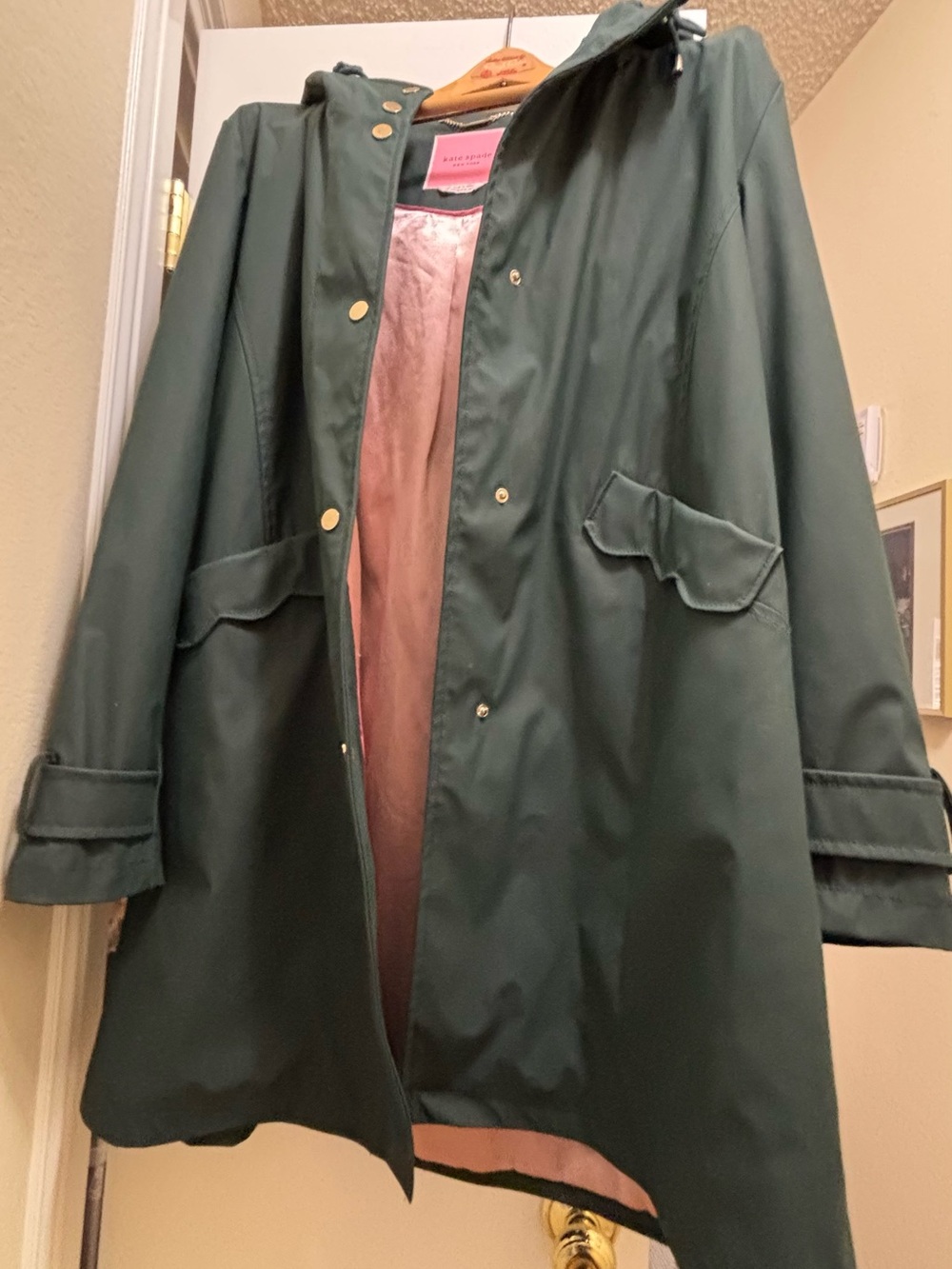 kate spade Forest Green Hooded Raincoat with Pink Lining